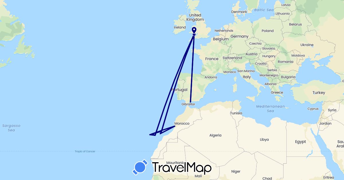TravelMap itinerary: driving in Spain, United Kingdom, Morocco (Africa, Europe)